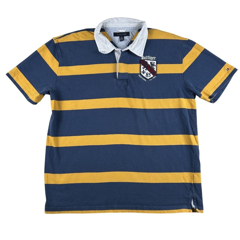 Vintage Tommy Hilfiger Polo Shirt Mens XL Stripe Crest Rugby Cotton Knit 90s
